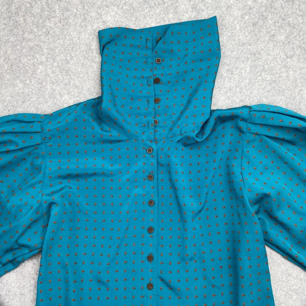Vintage Liz Claiborne Blouse Womens 4 Blue Paisley High Neck Puff Sleeve 80s